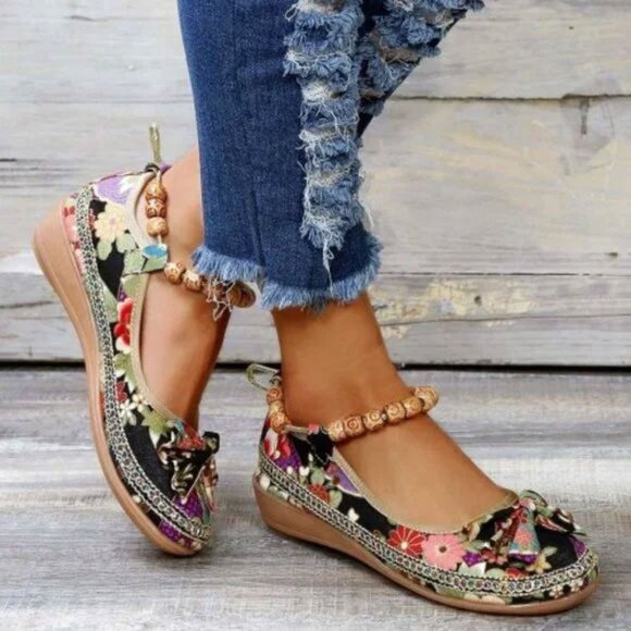 ROSY Shoes - ROSY Black & Multicolor Bow-Accent Bead Ankle-Strap Flat - Women Size 9